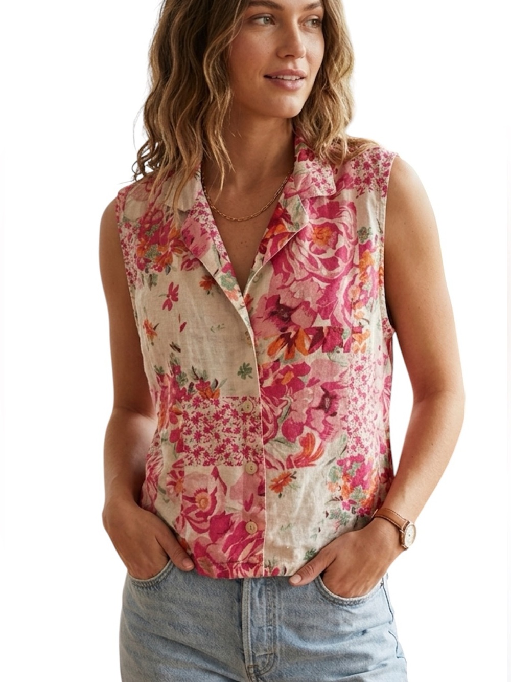 Haute Hippie 100% linen floral button up top size XL